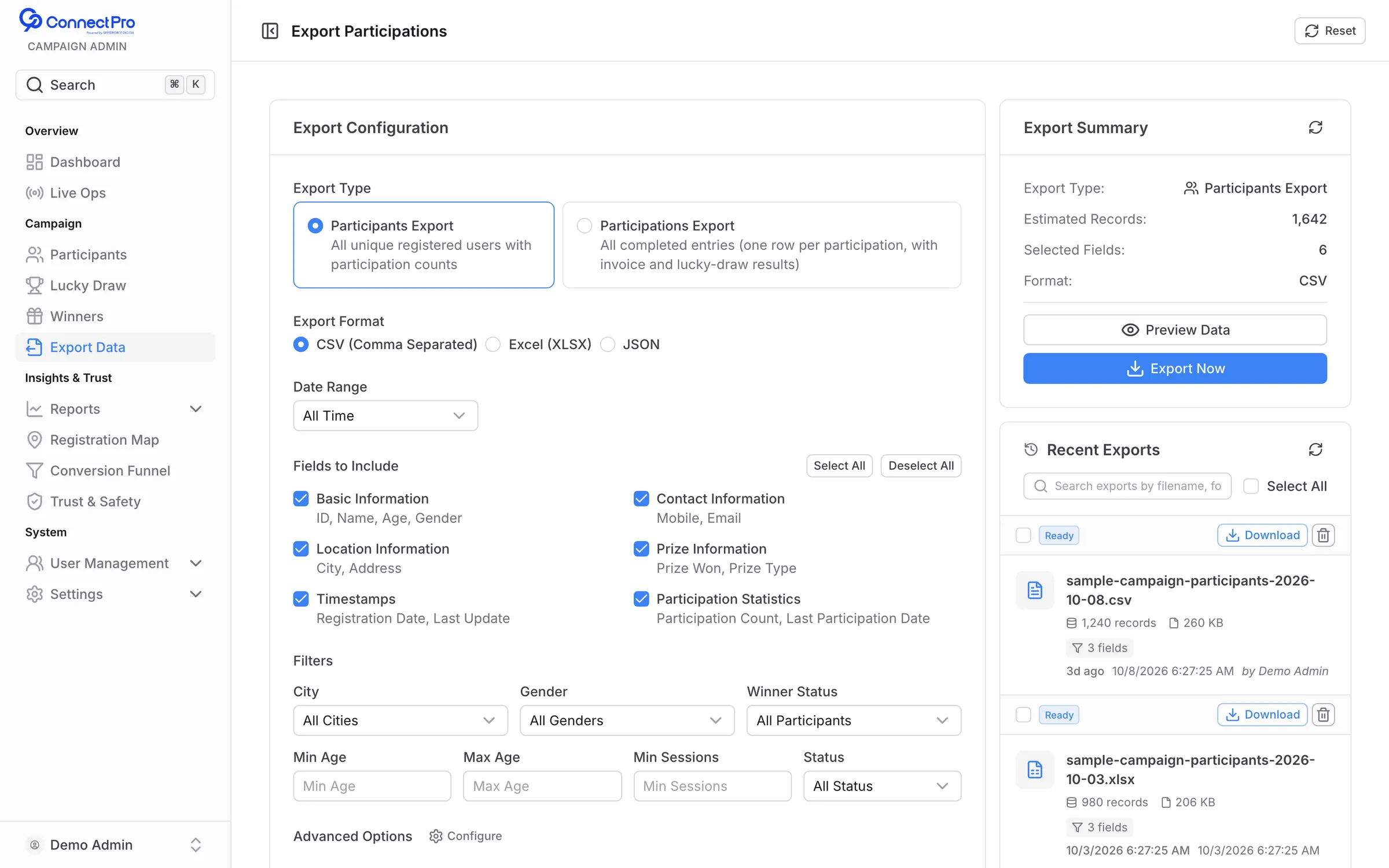 Exports to CSV, Excel or JSON