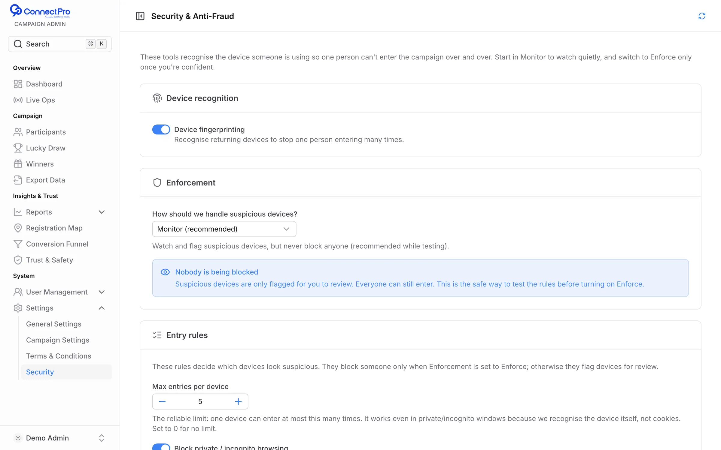 Device recognition and enforcement